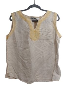 Erika Brooke Cream Sleeveless Linen Tunic with Yellow Embroidery